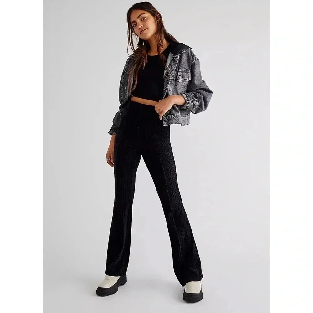 New Free People Slim Pull-On Velvet Flare Pants Black XS